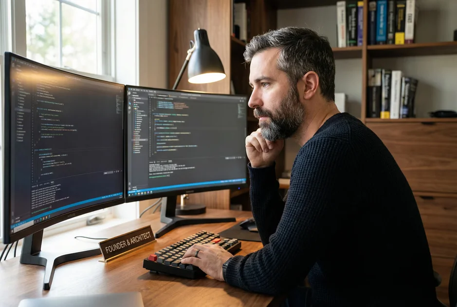 Senior software architect and founder working at a modern desk
