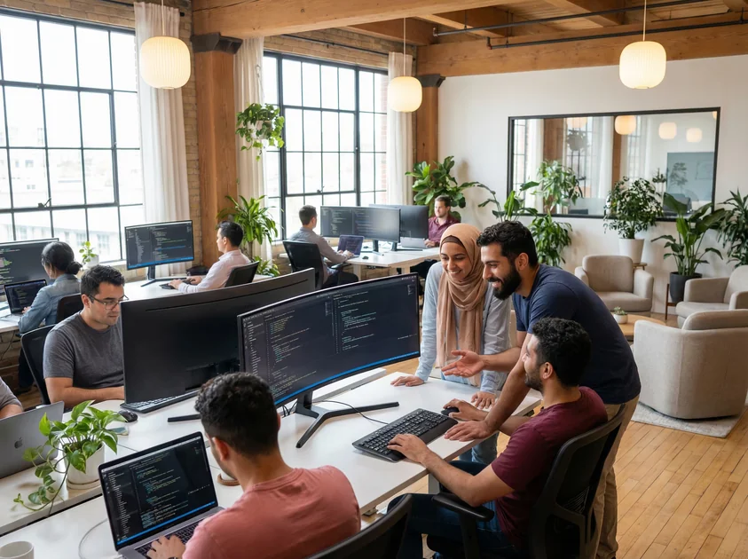 Modern software development team collaborating in a bright open office space