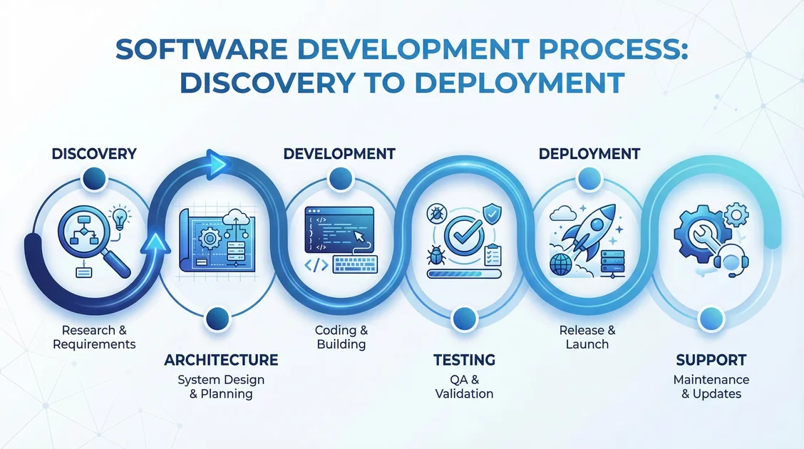 Software development process visualization showing discovery, architecture, development, testing, deployment, and support phases