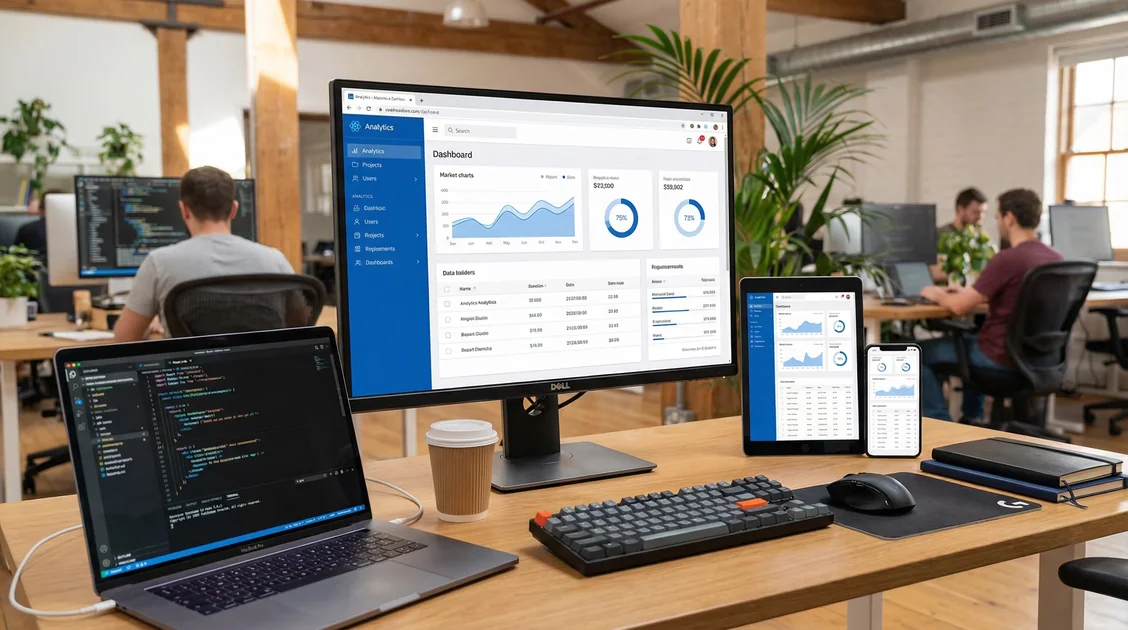 Web application development showing responsive design across desktop, tablet, and mobile devices