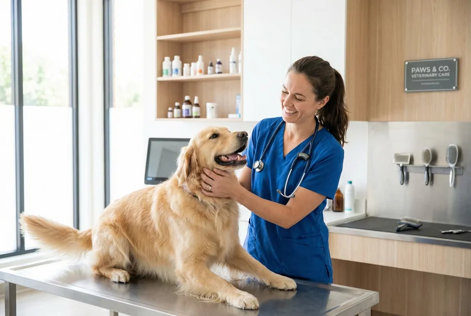 Veterinarian or groomer providing compassionate care to a pet in a modern clinic setting