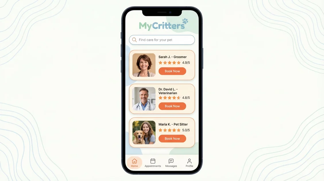MyCritters mobile app UI showing pet care provider search and booking interface