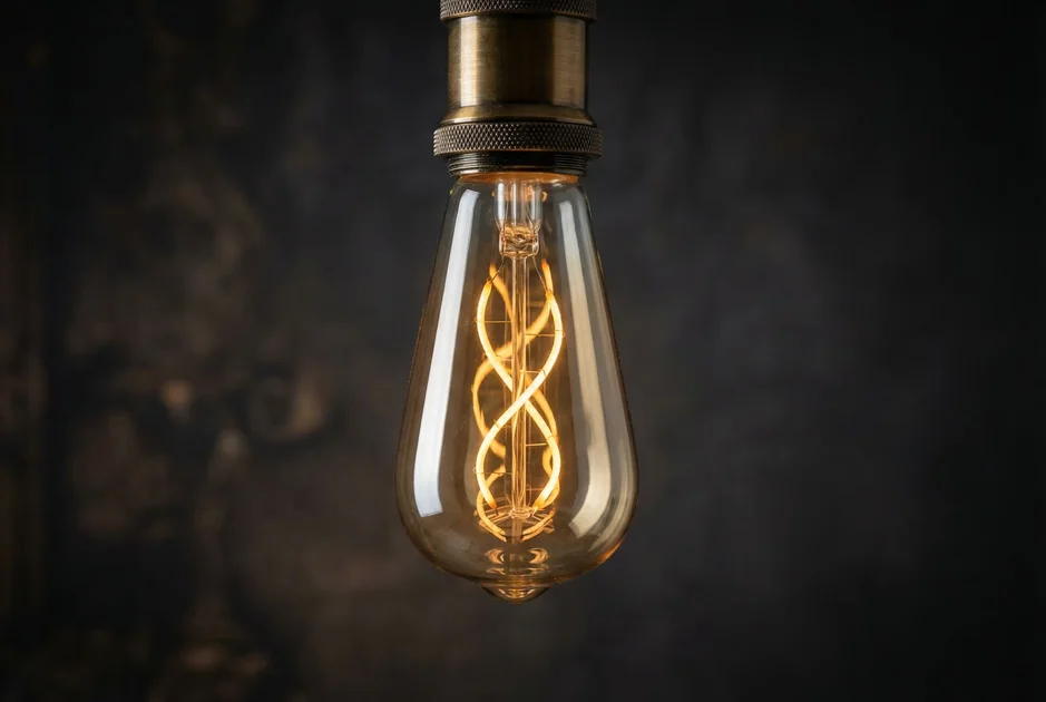 Tomalson premium Edison-style LED bulb with curved vintage filament design, glowing with warm amber light